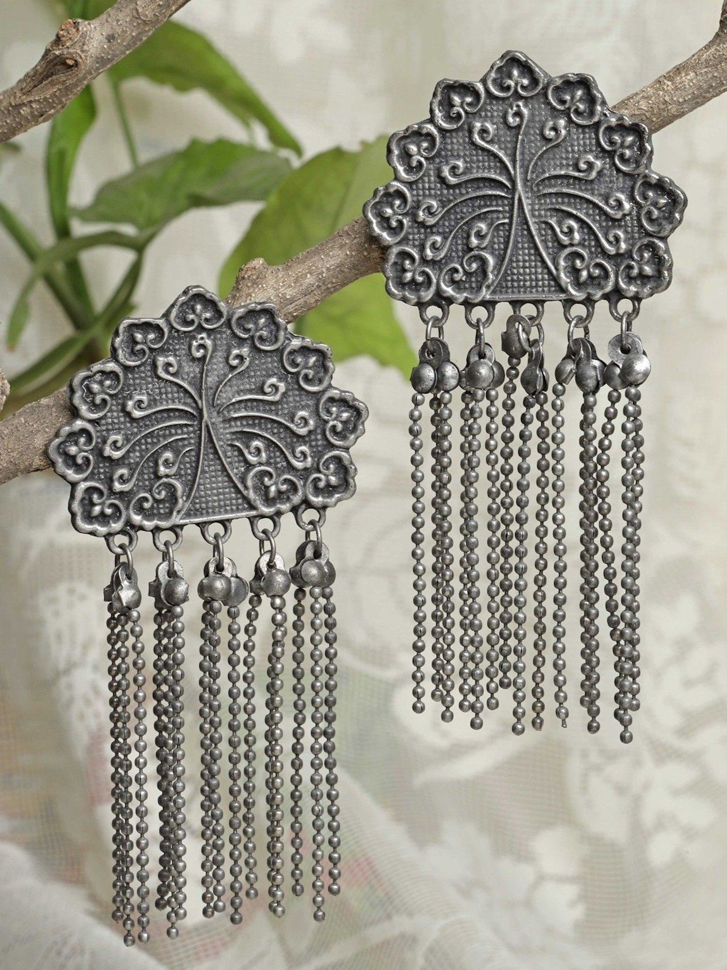 Moedbuille Handcrafted Antique Tasselled Design Oxidized Silver-Plated Floral Dangler Earrings