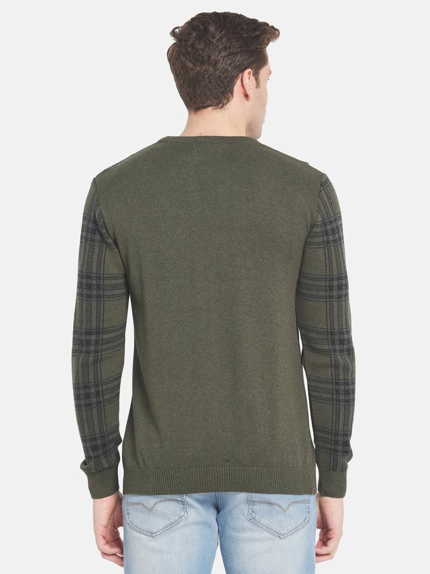 Mettle Olive Cotton Regular Fit Checks Sweater