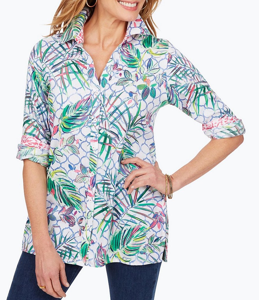 Foxcroft Sateen Palmer Tropical Print Button Front Cotton Tunic