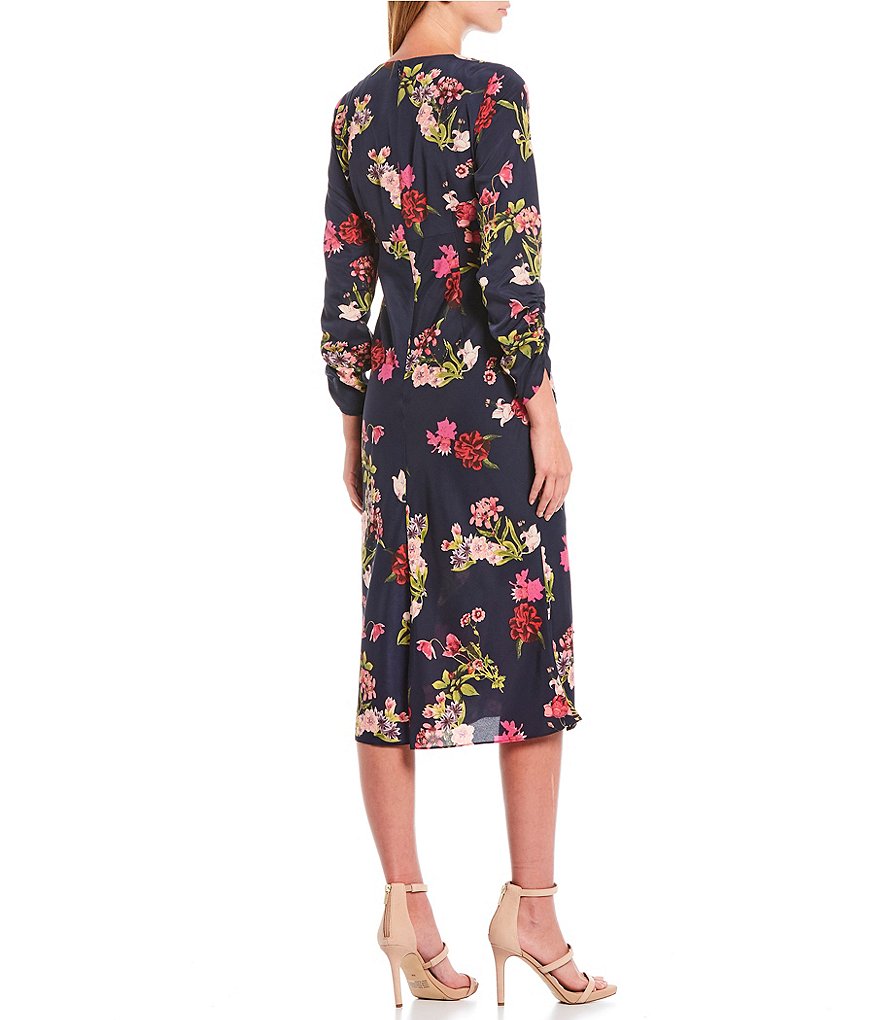 Eliza J Ruffle Front Floral Crepe de Chine V-Neck Long Sleeve Tulip Midi Dress
