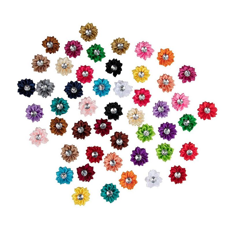 Juvale 50 Pack Artificial Flowers Satin Craft Flower Heads with Rhinestones, 1.5 in.