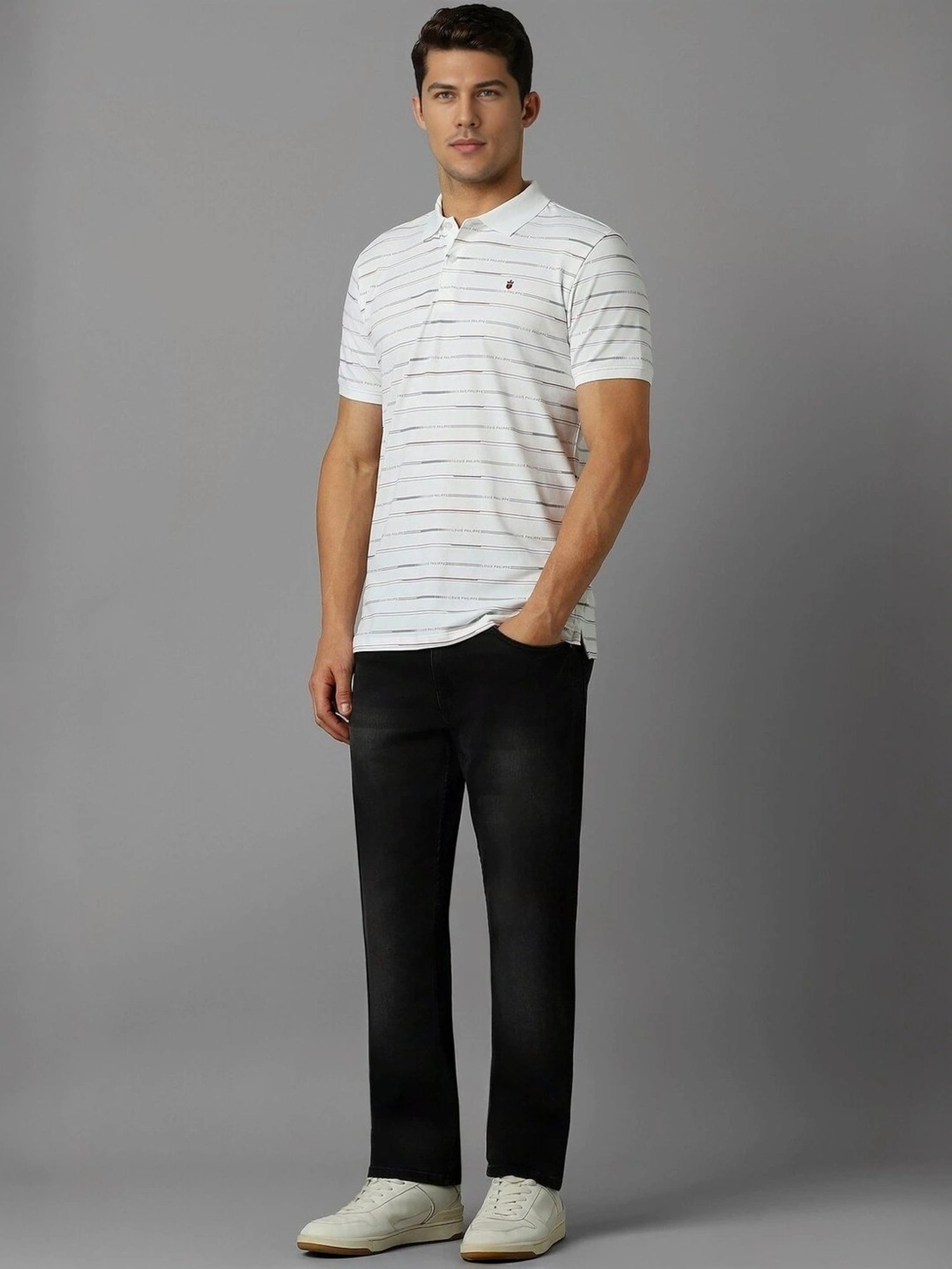 Louis Philippe White Cotton Slim Fit Striped Polo T-Shirt