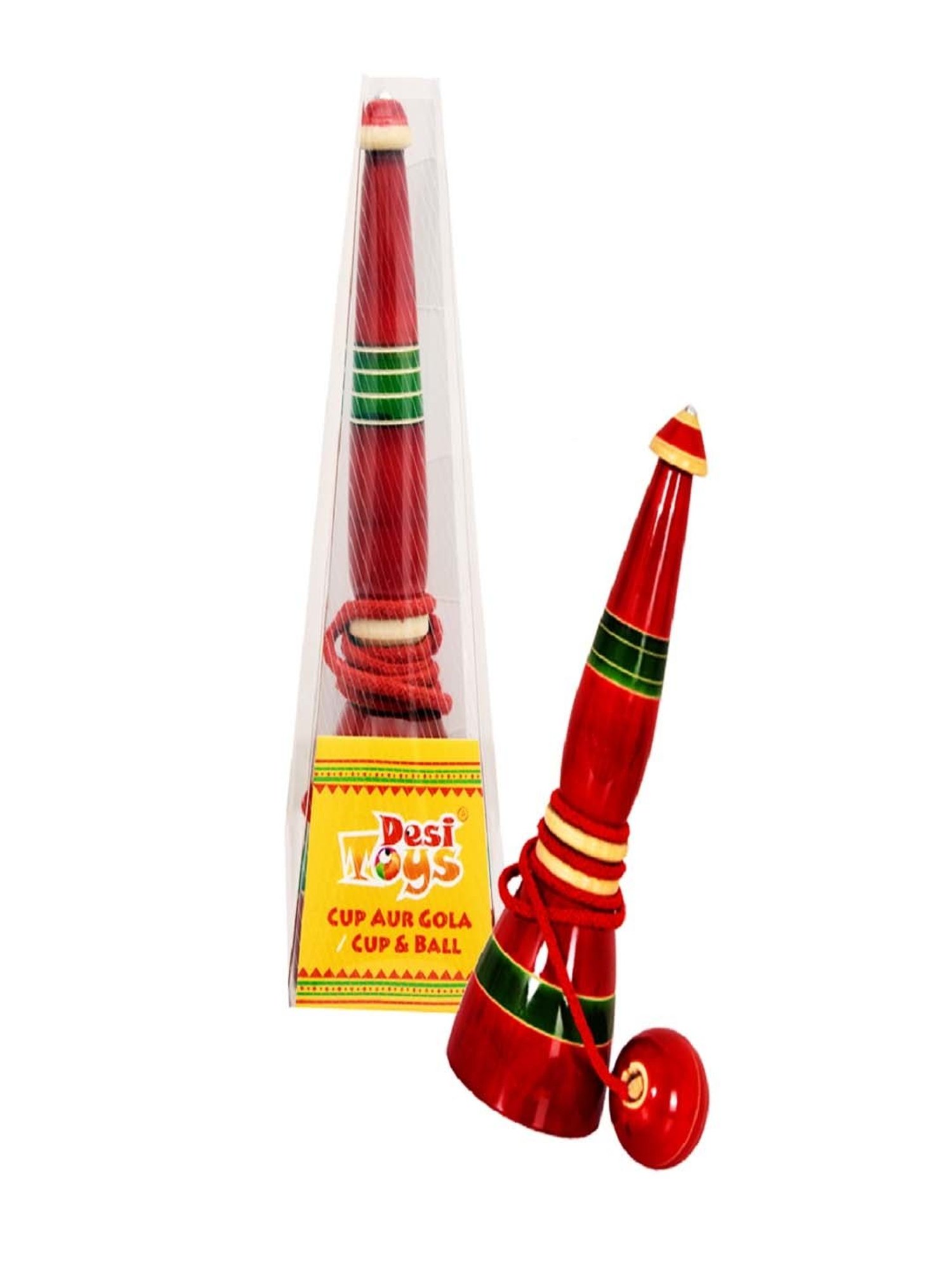 Desi Toys Kids Red & Green Wooden Cup & Ball Toy