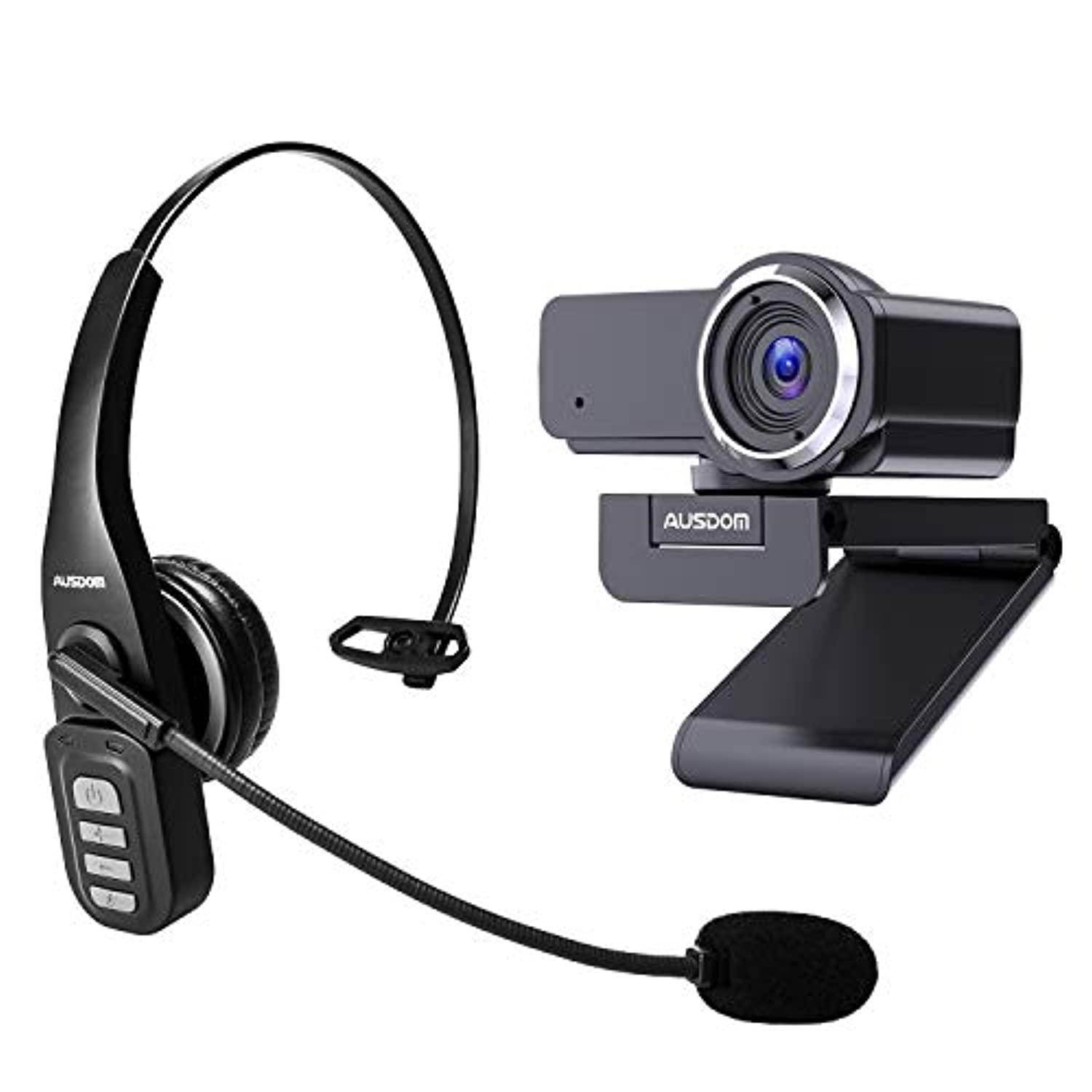 bundle ausdom aw635 full hd 1080p webcam with microphone and ausdom bw01 bluetooth 5.0 wireless phone headset