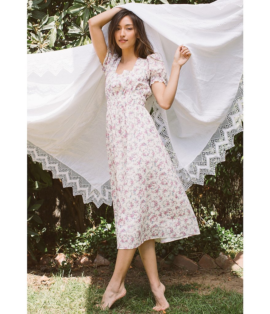 Shabby Chic Freya Floral Clip Dot Square Neck Puff Sleeve Midi Dress