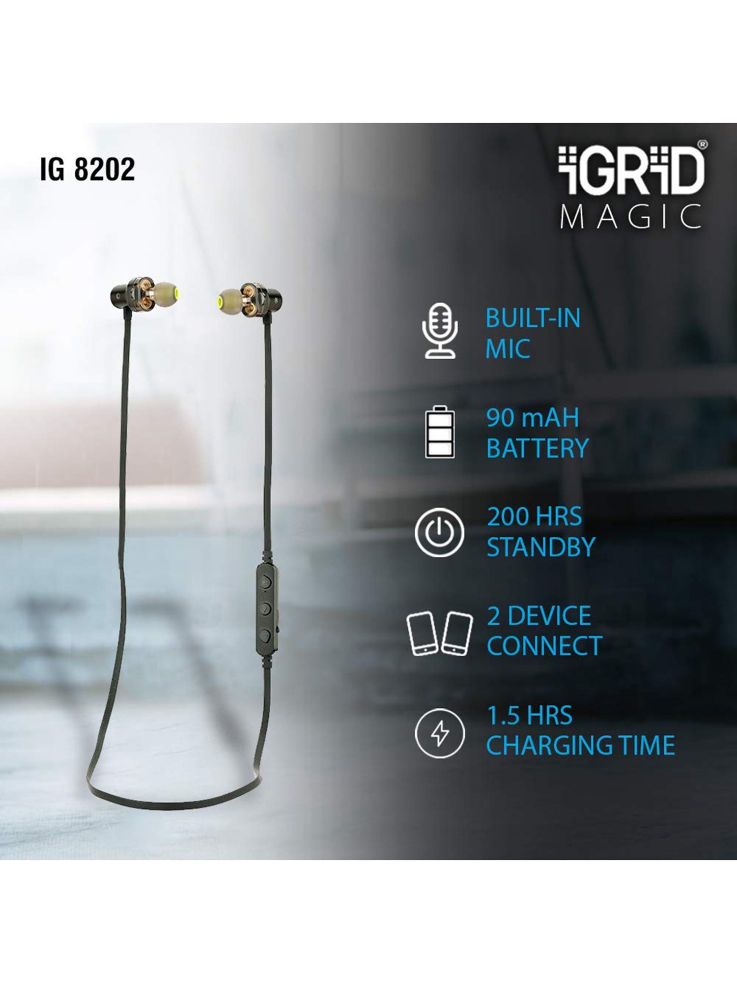 iGRiD Magic Wireless Neckband with Mic (IG-8202, Black)