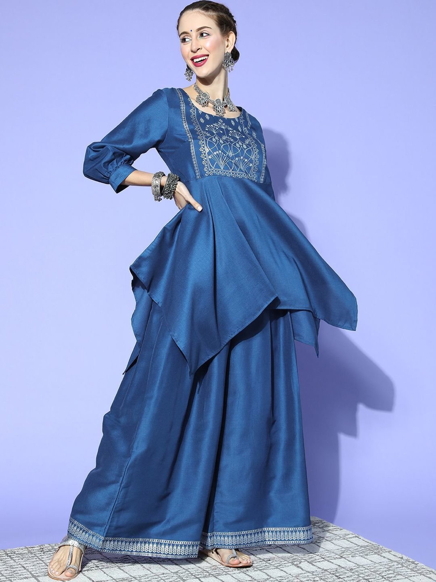 Ziyaa Blue Floral Print Kurti Palazzo Set