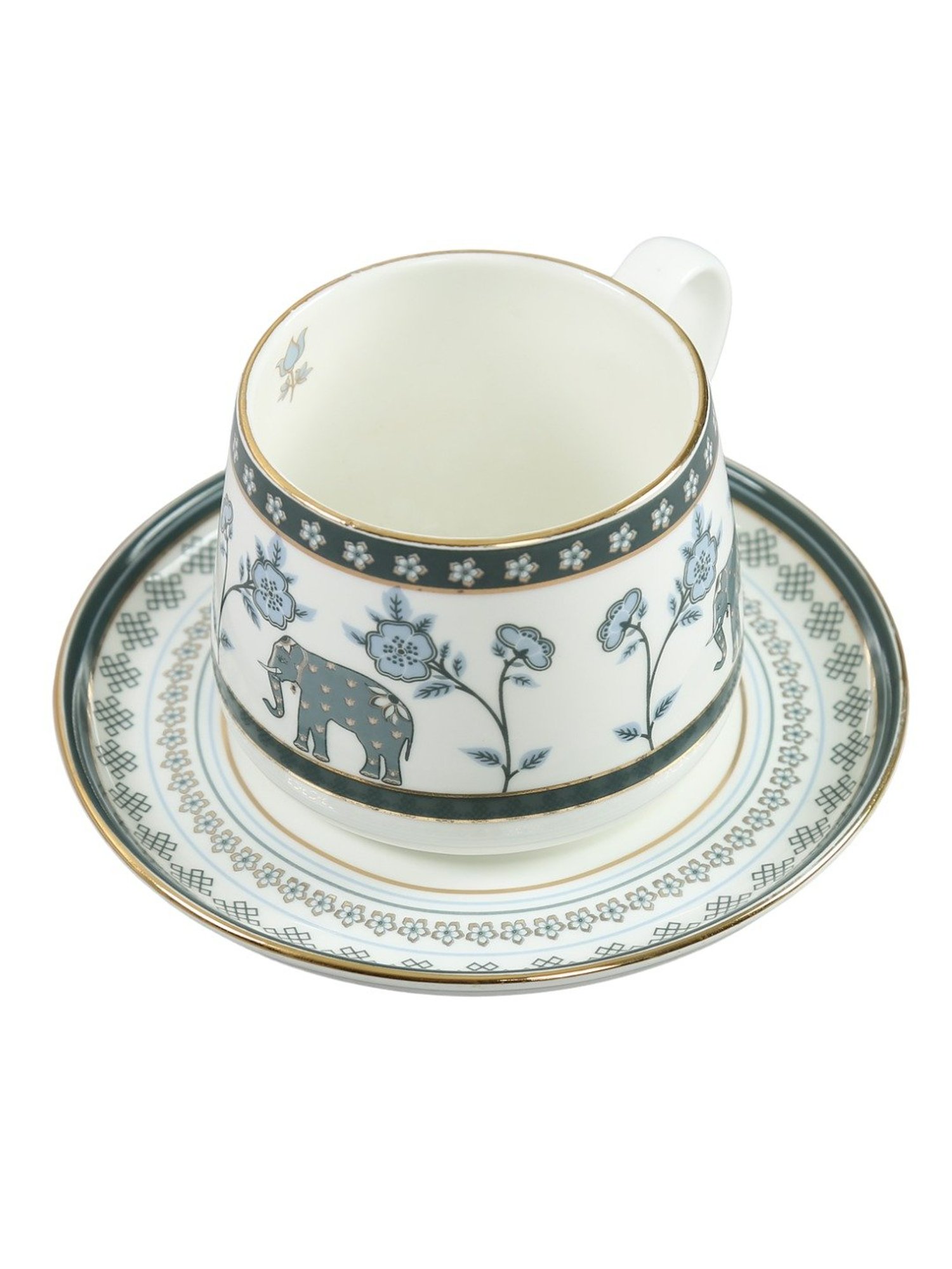 India Circus Abstract White Bone China Cup Saucer Set (Set of 8) Accented With 22 Carat Gold