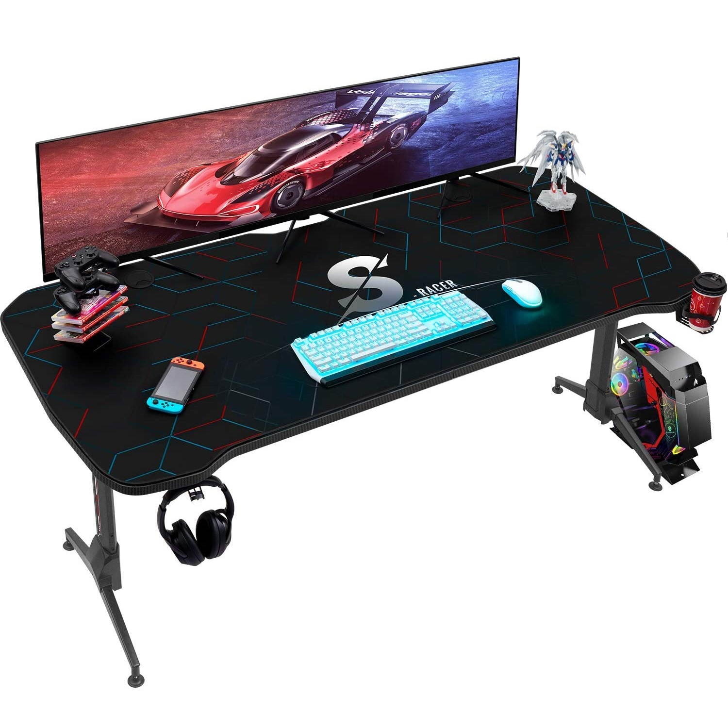 Homall 60 Inch Gaming Desk PC Computer Desk Large Desktop Home Office Table T-shaped Frame Gamer Workstation with Full Desk Mouse Pad, Gaming Handle Rack, Cup Holder and Head Set Rack (Black)
