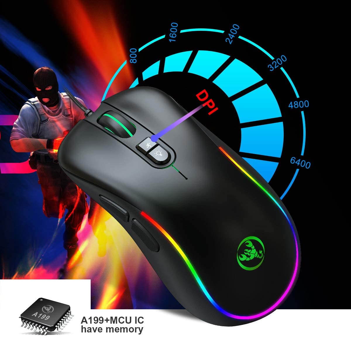 Gaming Mouse Wired [6400 DPI] [Programmable] [Breathing Light] Ergonomic Game USB Computer Gaming Mice RGB Gamer Desktop Laptop PC Gaming Mouse, 7 Buttons for Windows 7/8/10/XP Vista Linux