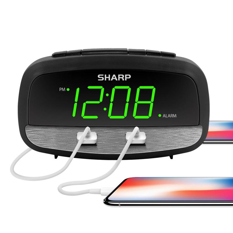 2/2 Amp USB Charge LED Alarm Clock Black - Sharp