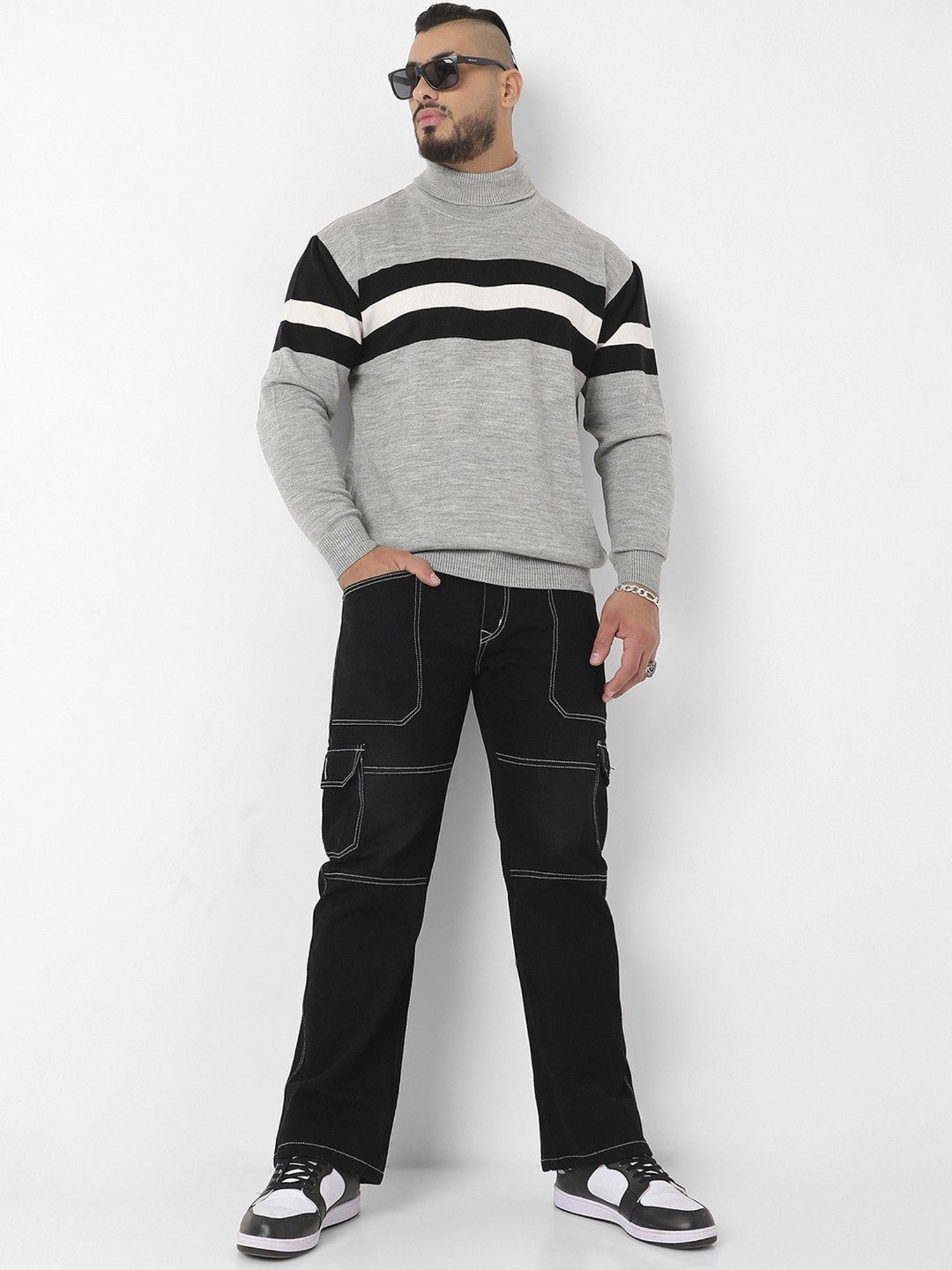 Instafab Plus Light Grey Regular Fit Striped Plus Size Sweater