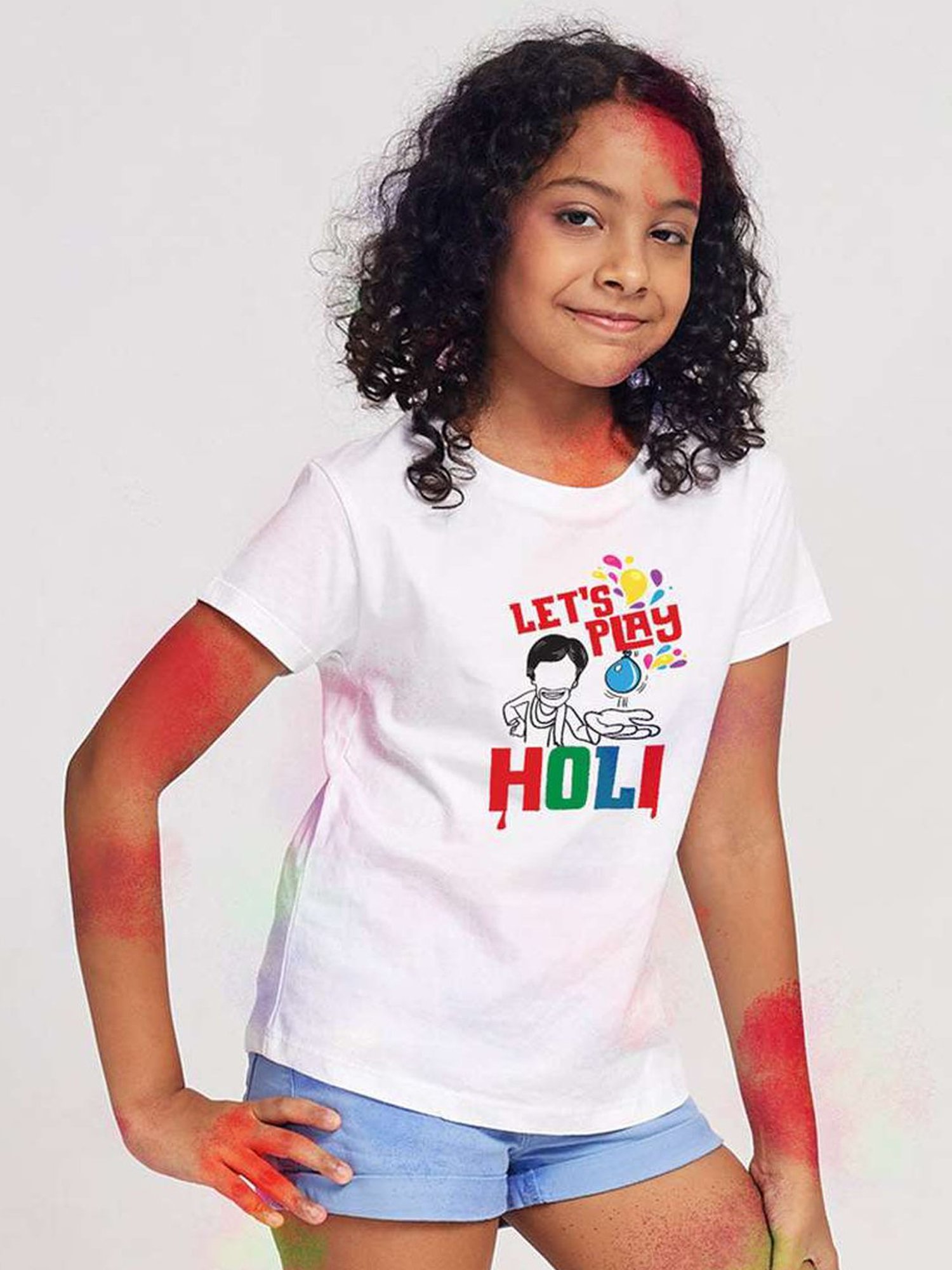 Bonkids White Cotton Lets Play Holi Printed T-Shirt