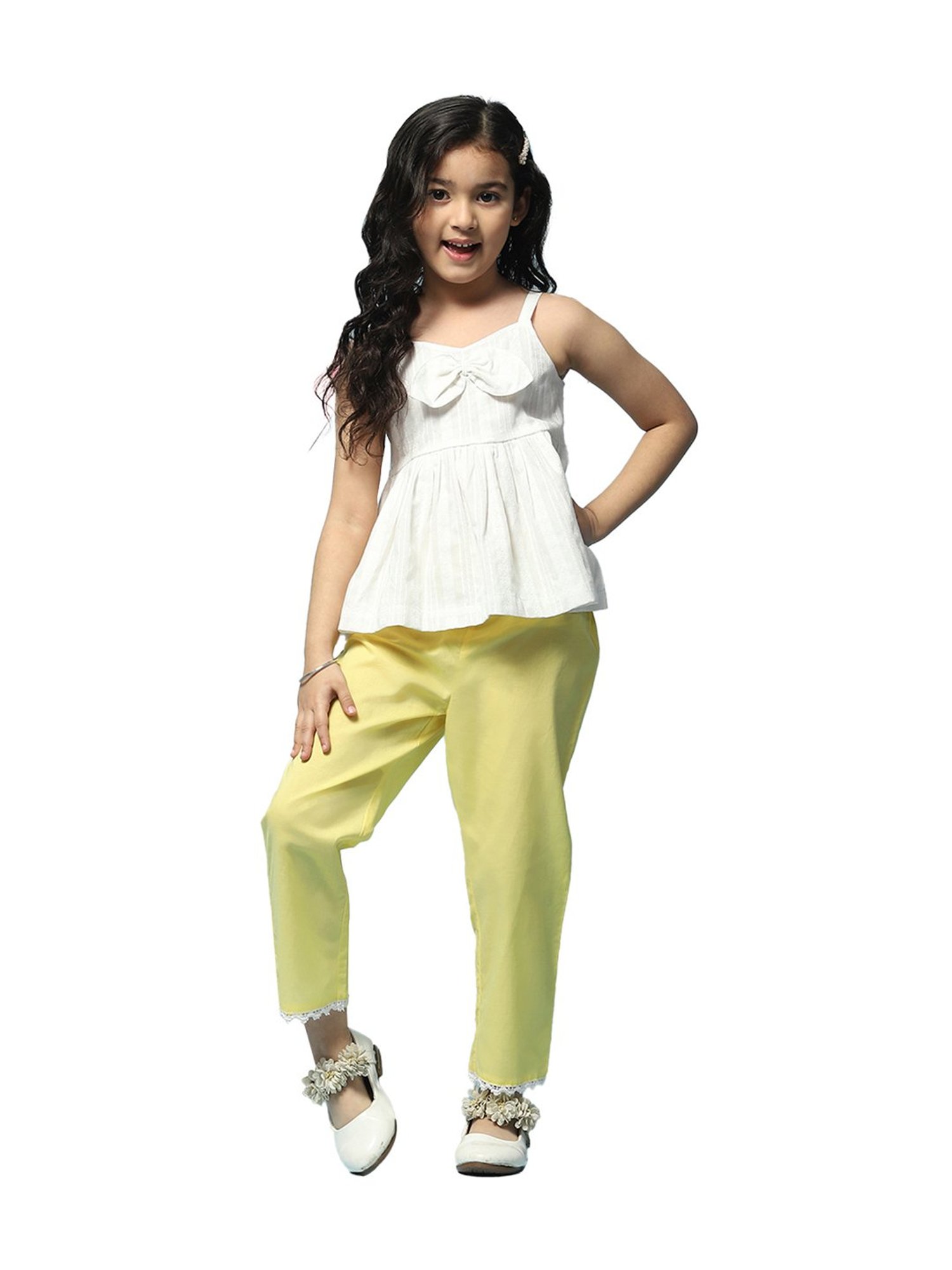 BIBA Girls Kids White Cotton Regular Fit Top