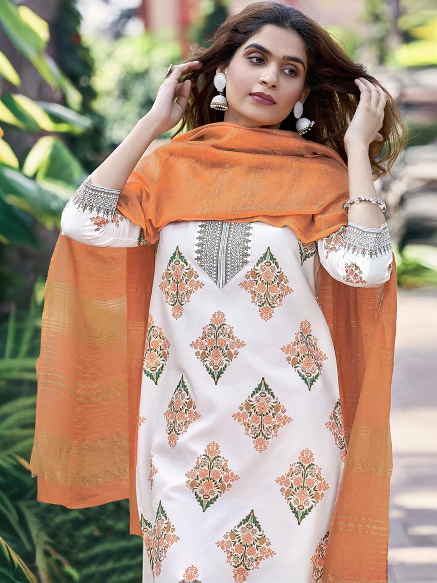 Skylee White & Orange Printed Kurta Pant Set With Dupatta