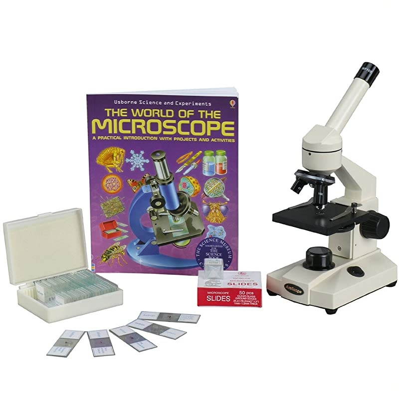 40X-1000X Student Biological Monocular Compound Microscope Kit with Microscope Book + Prepared and Blank Slides