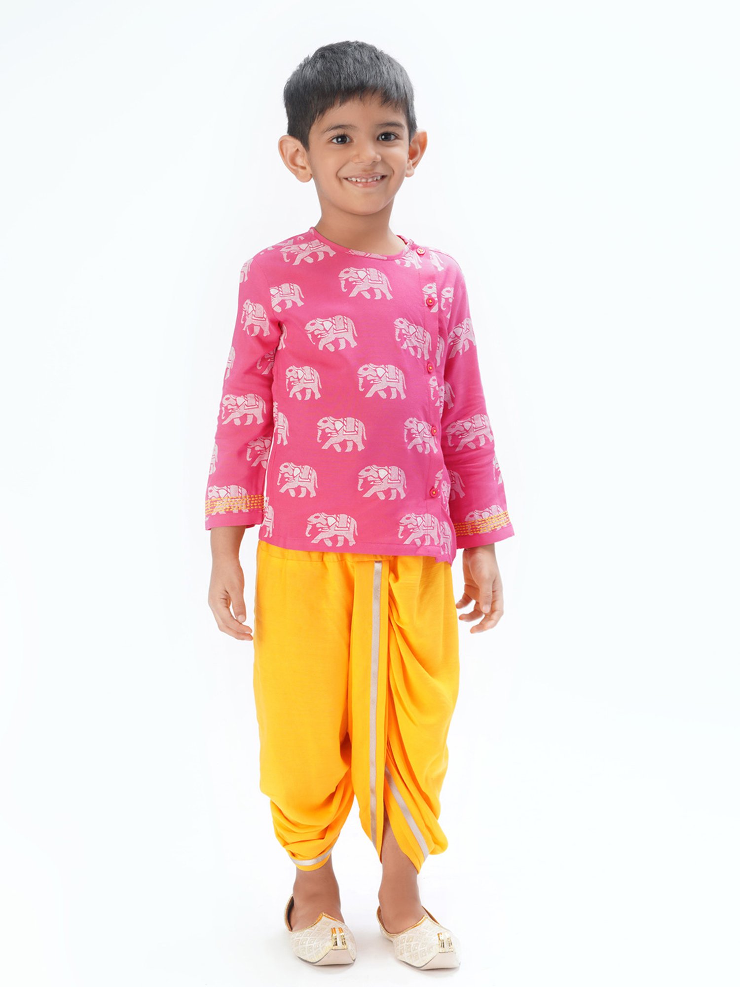 Lil Drama Kids Pink & Yellow Printed Full Sleeves Kurta with Dhoti