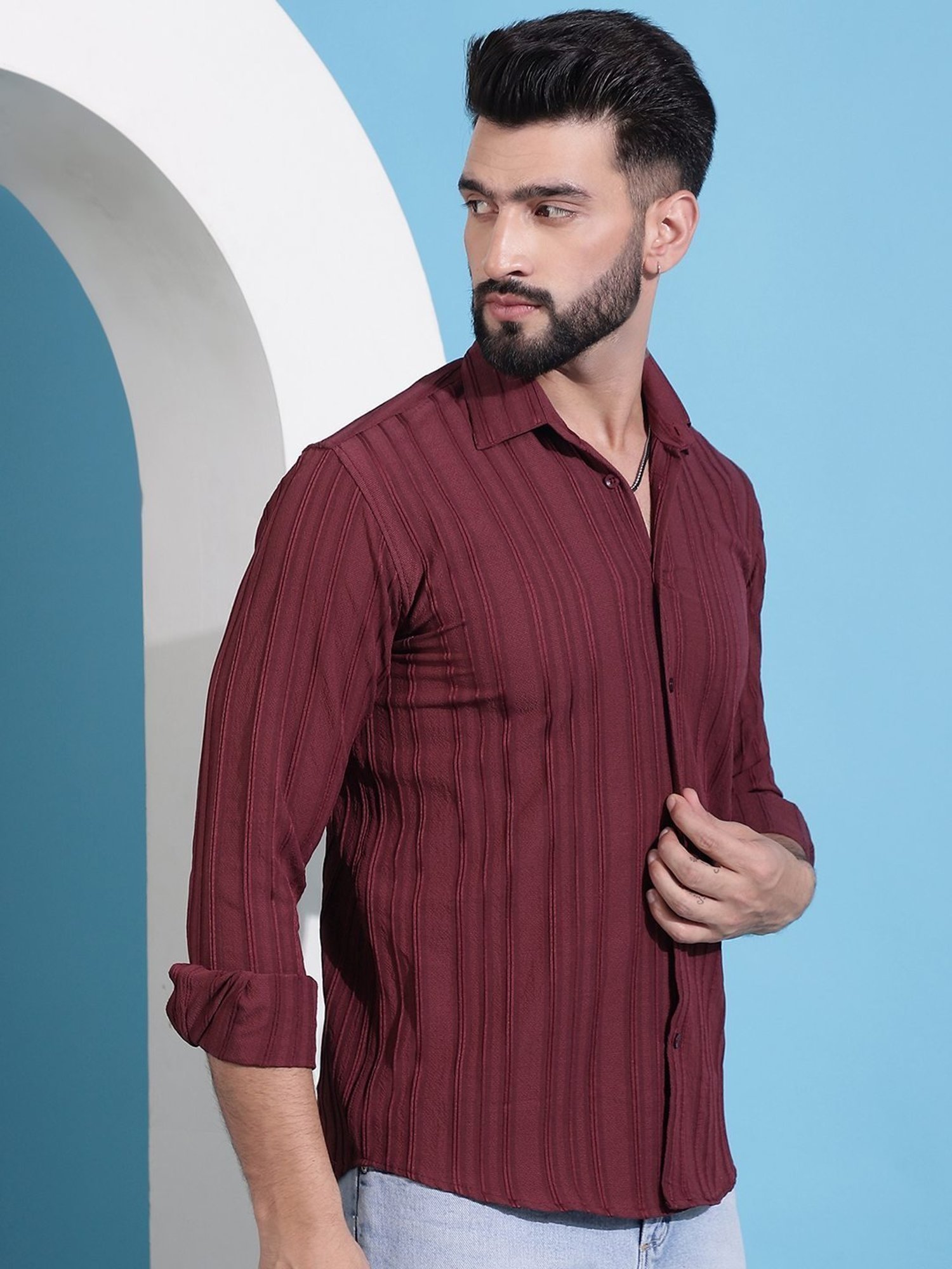 Indian Needle Maroon Regular Fit Striped Shirt