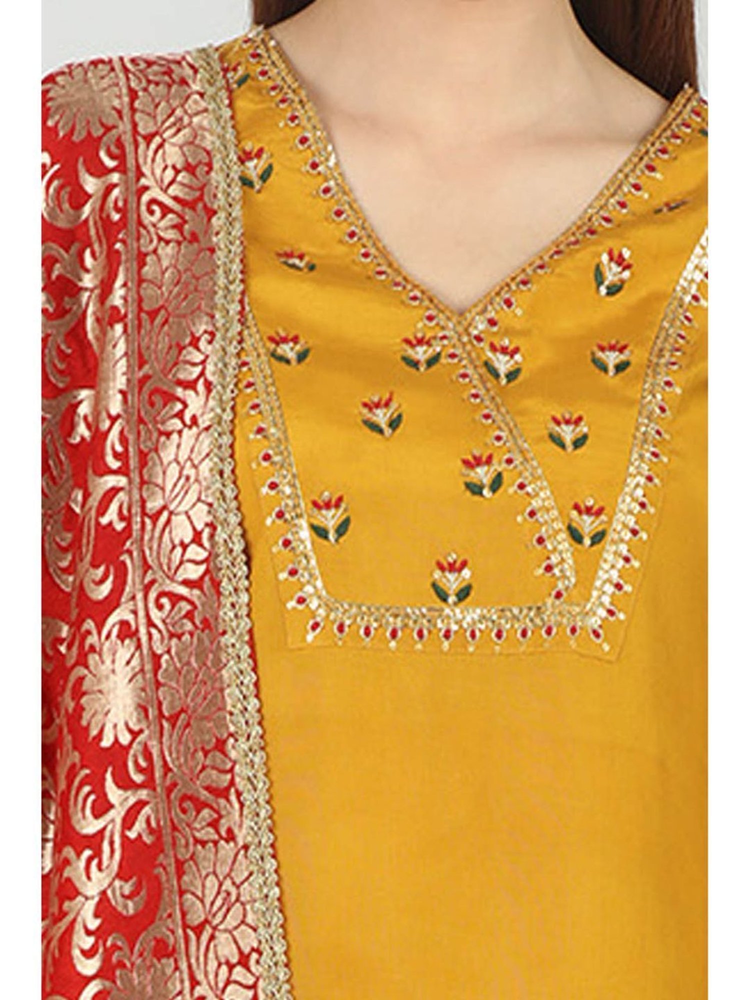 Mustard Red Silk Printed Dupatta