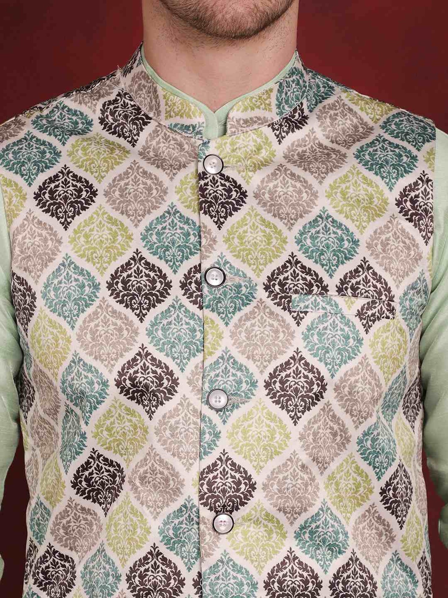 Jompers Green Regular Fit Printed Nehru Jacket