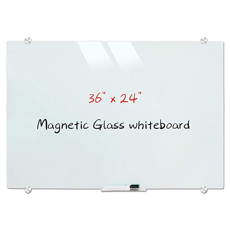 Glass Whiteboard, 48 x 32 Inch (120 x 80 cm), Frameless Glass Dry Erase White Board for Wall, White Surface with 4 Markers, 2 Magnets, 1 Eraser