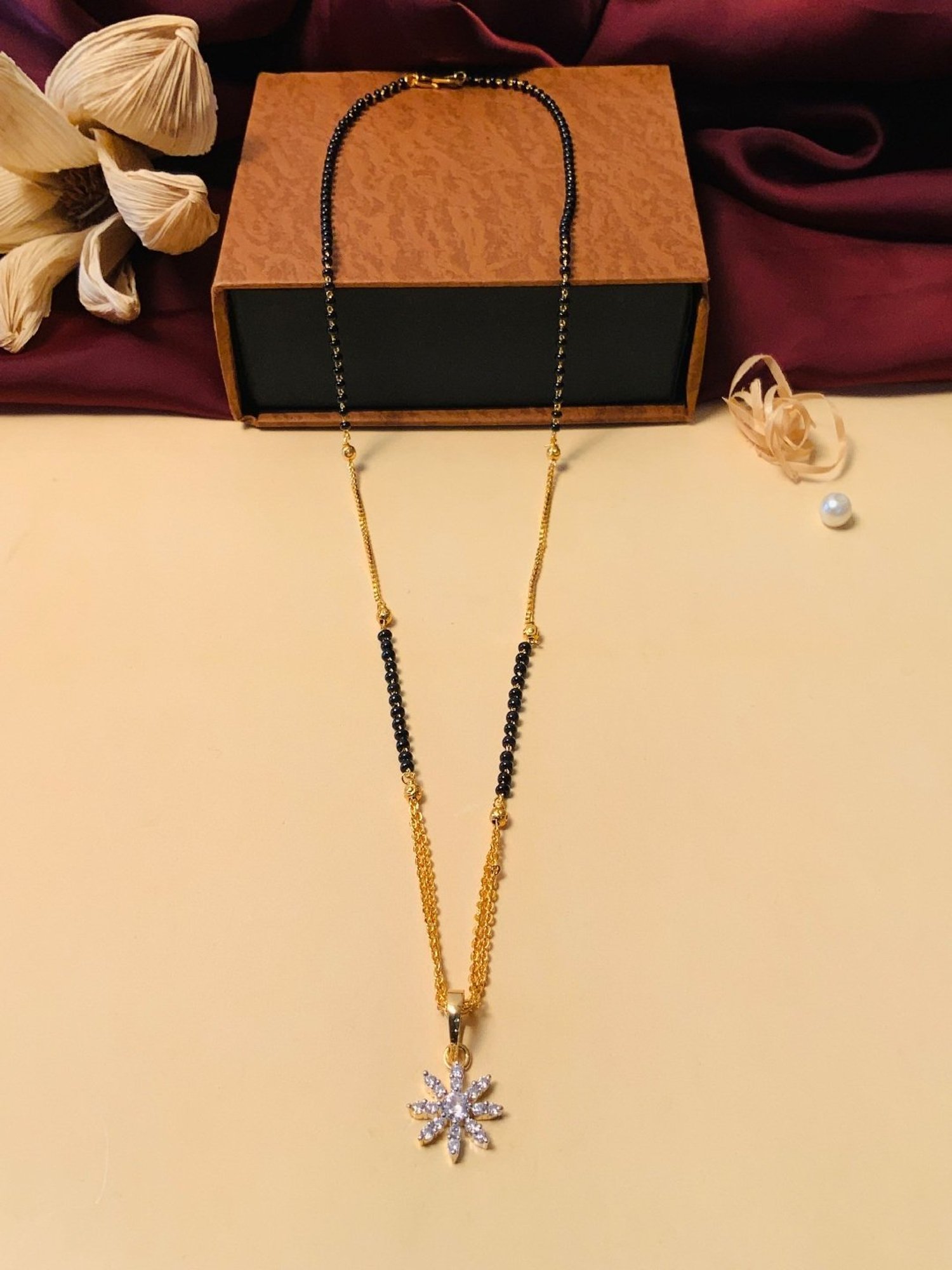 Abdesigns Gold-Plated American Diamond & Black Beaded Mangalsutra