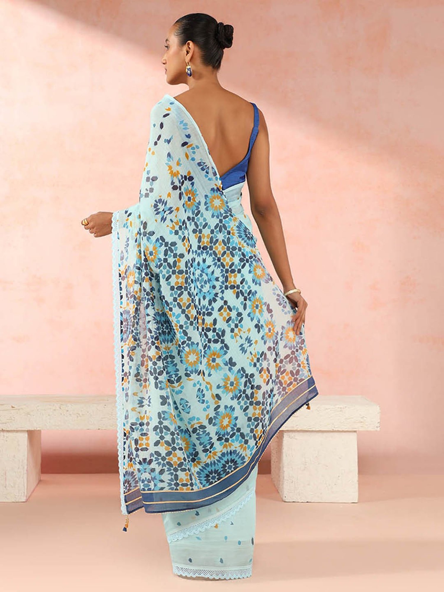 Taneira Blue Cotton Silk Printed Saree With Unstitched Blouse Piece