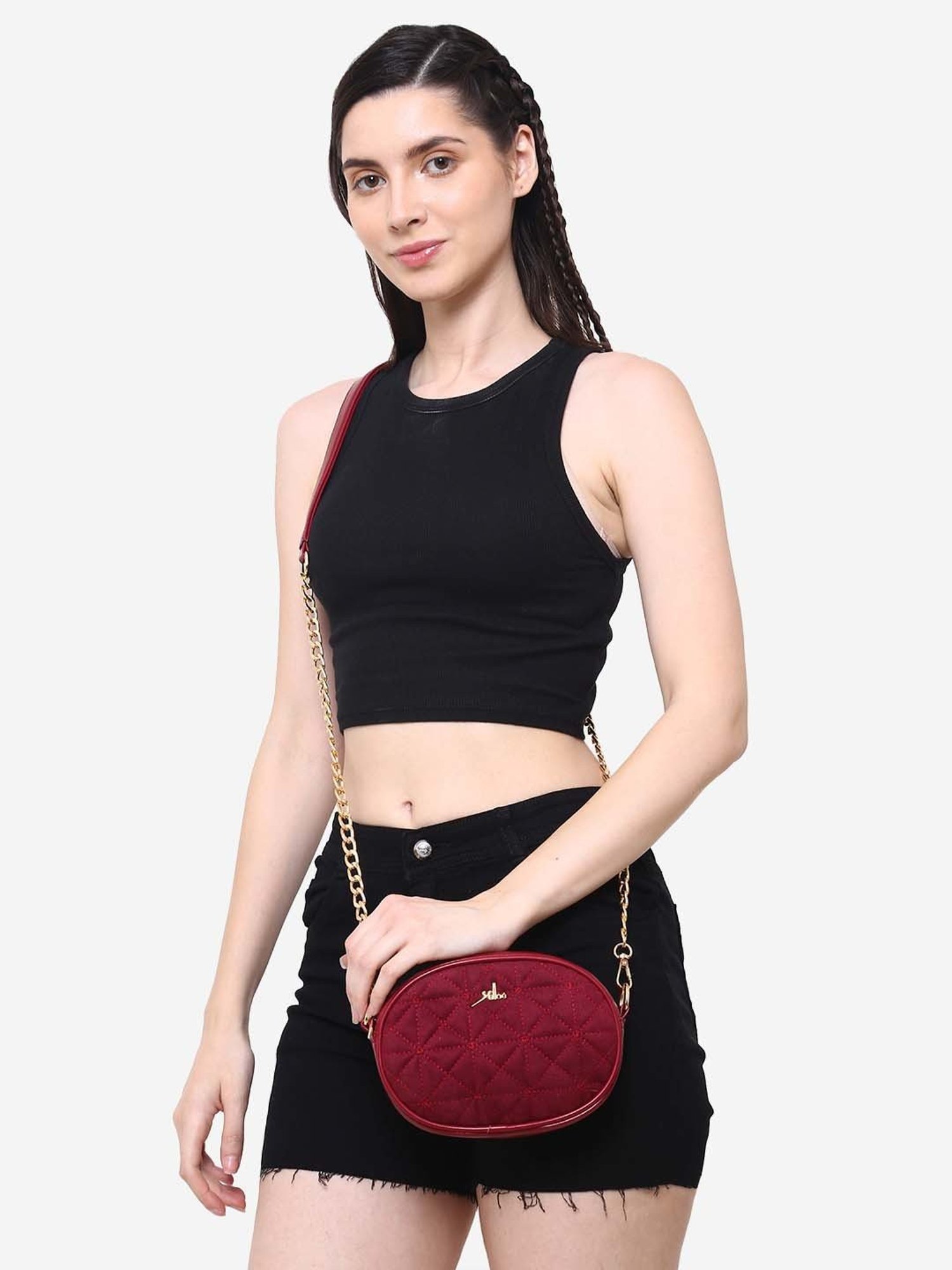 Yelloe Maroon Textured Small Sling Handbag