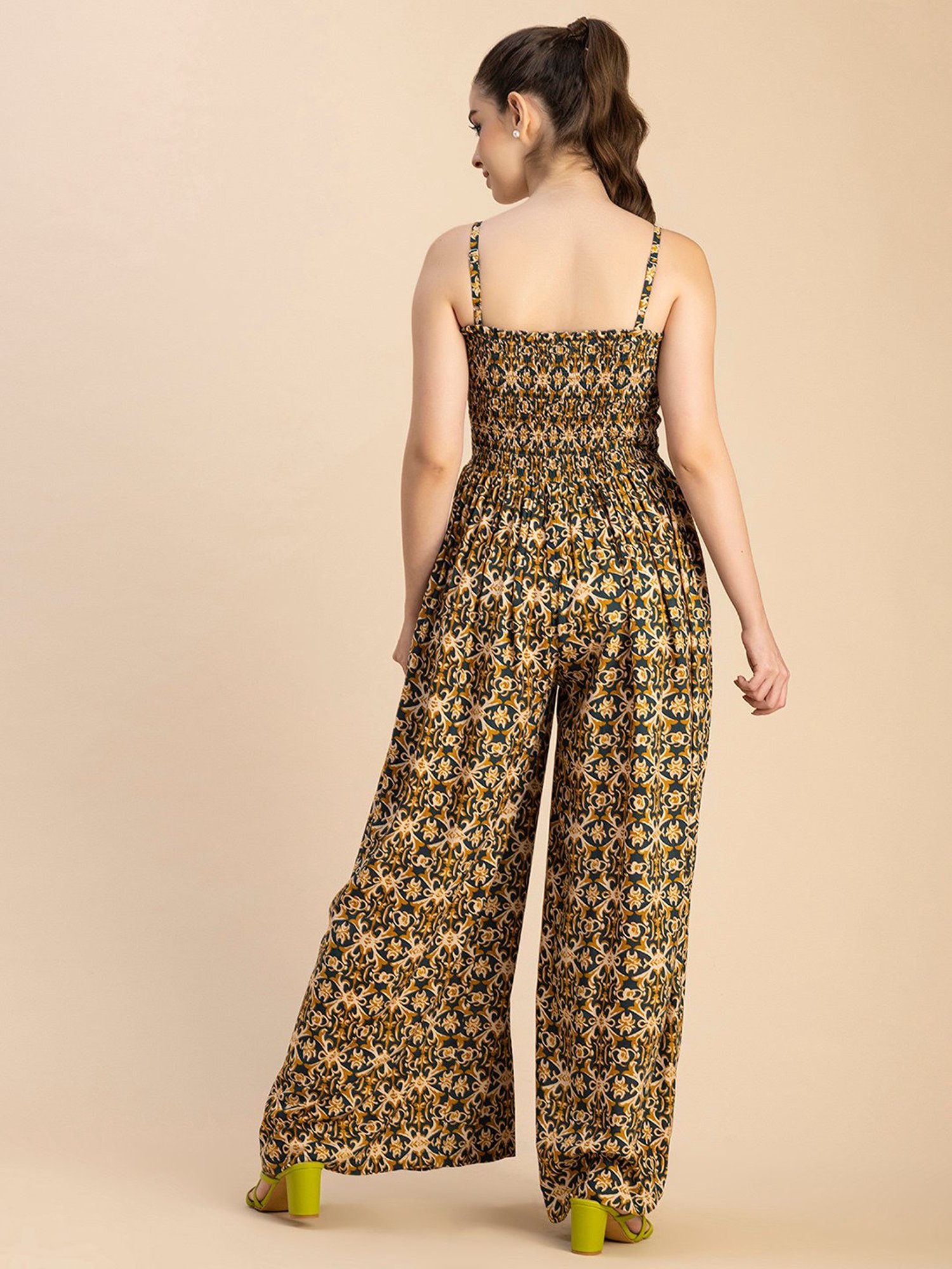 Moomaya Teal & Mustard Printed Jumpsuit