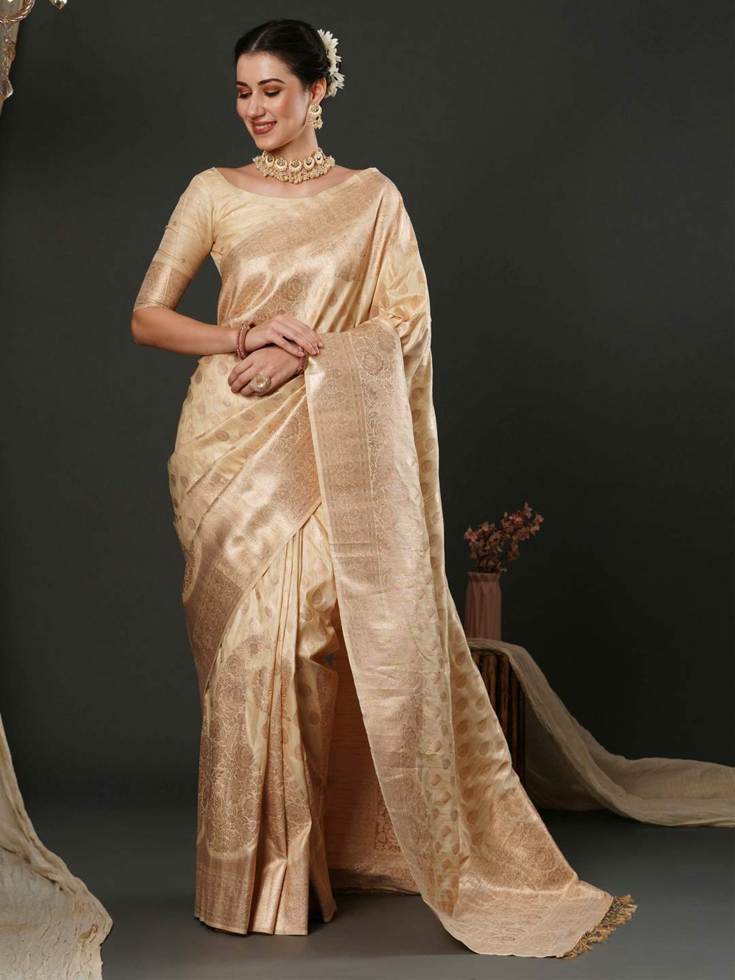 Saree Mall Beige Woven Saree With Unstitched Blouse