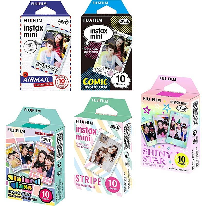 Instax Mini 5 Pack Bundle Includes Stained Glass, Comic, Stripe, Shiny Star, Airmail. 10 sheets X 5 Pack = 50 Sheets.