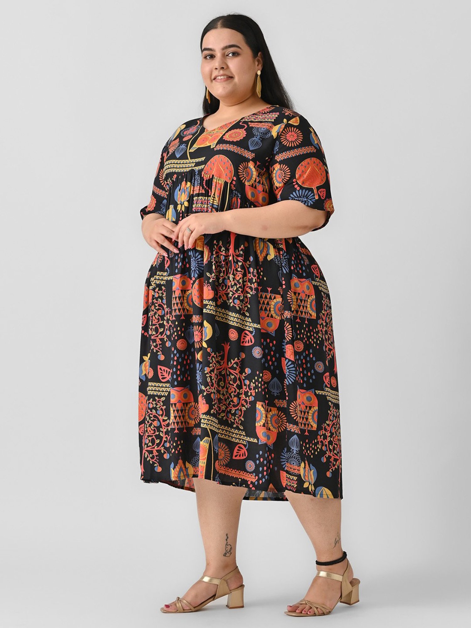 Rustorange Black Printed Ethnic Dress