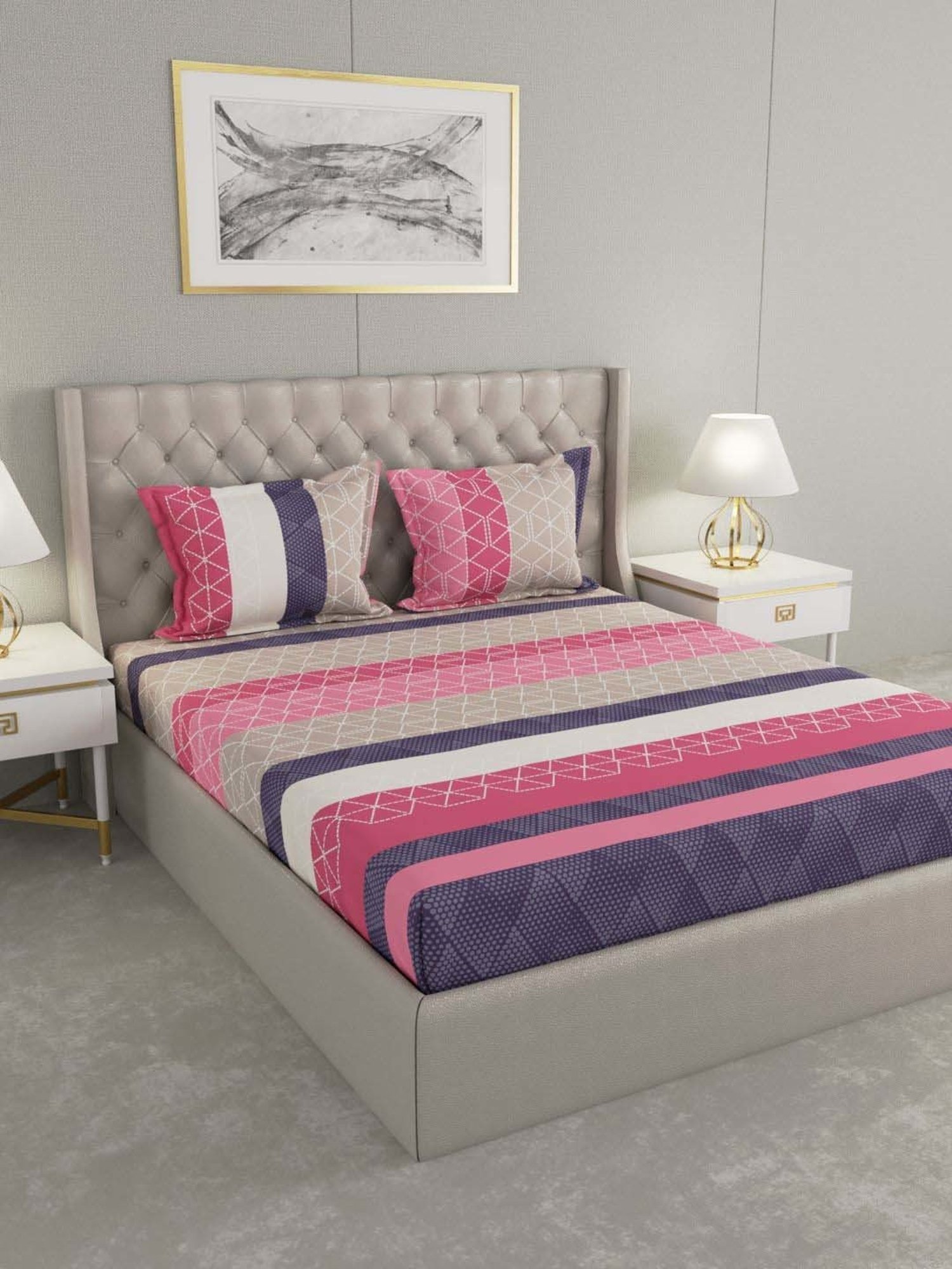 Raymond Home Shubham Pink & Brown 120 TC Cotton King Bedsheet with 2 Pillow Covers