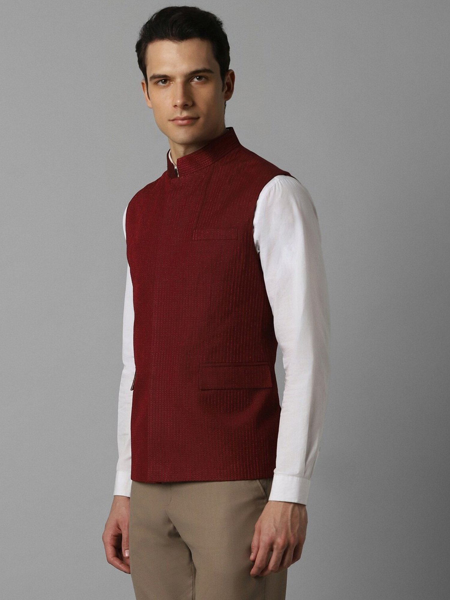 Louis Philippe Maroon Slim Fit Self Pattern Nehru Jacket