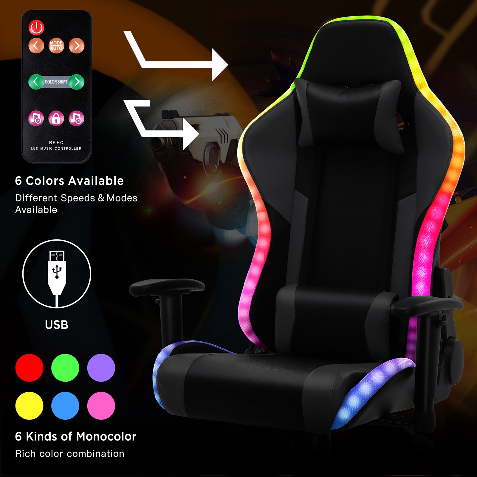 YOUTHUP Gaming Chair with RGB LED Lights, Racing Style Recliner Swivel Video Computer Chair with Bluetooth Speakers, Adjustable Ergonomic High Back, PU Leather with Headrest and Lumbar Support, Pink