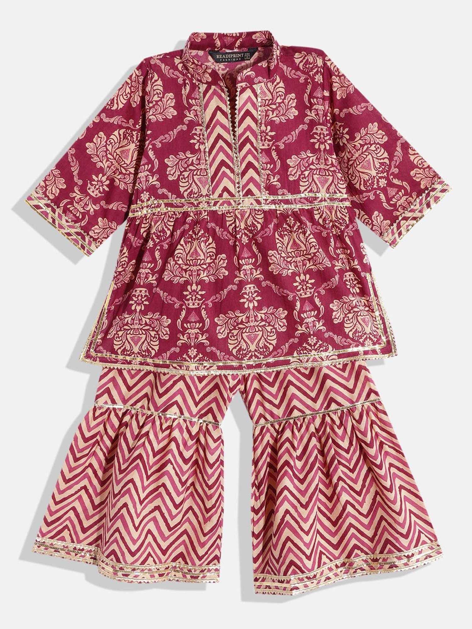 READIPRINT FASHIONS Kids Burgundy & Cream Floral Print Full Sleeves Kurta With Sharara