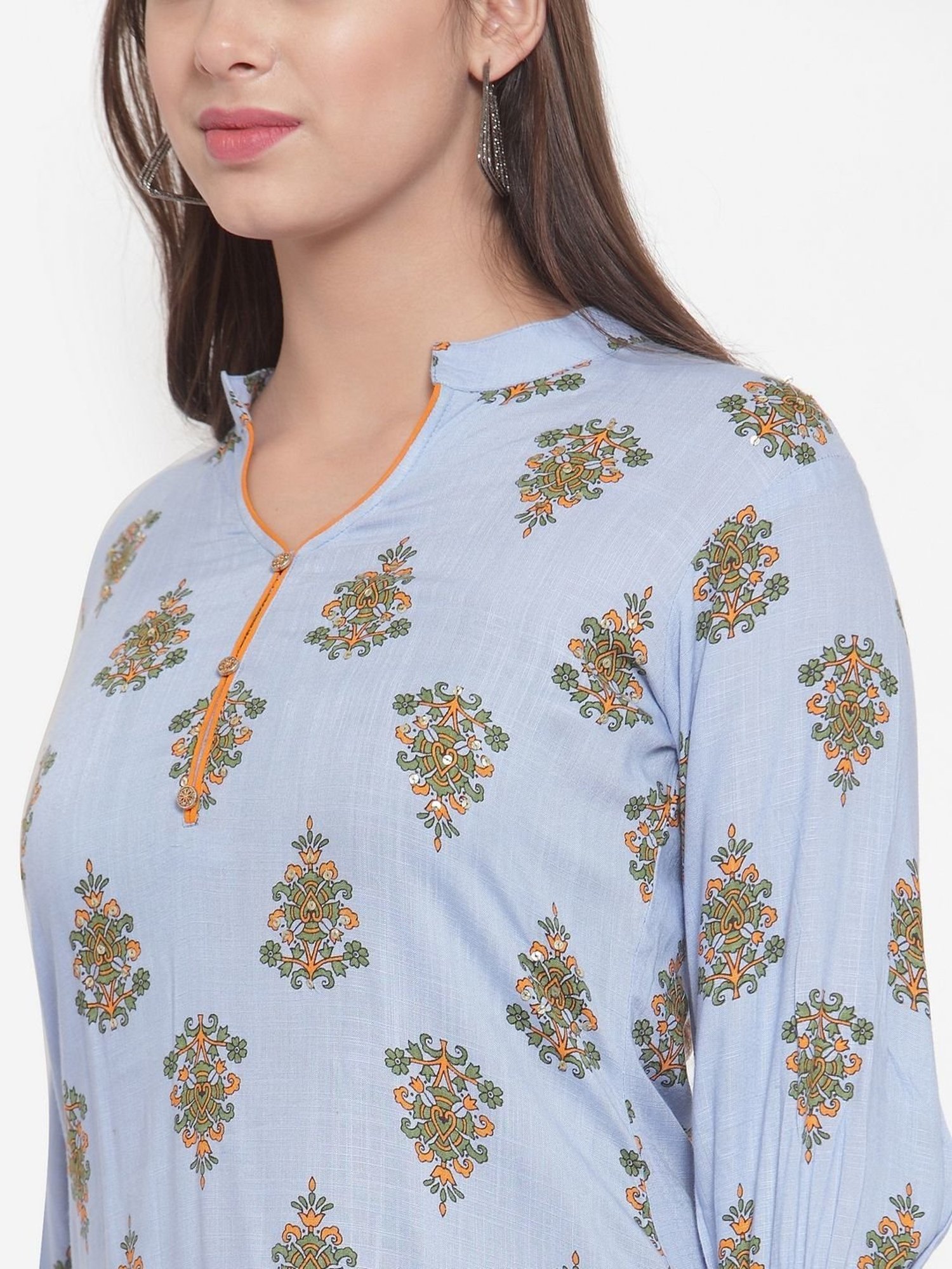 Indibelle Blue Cotton Floral Print Straight Kurta