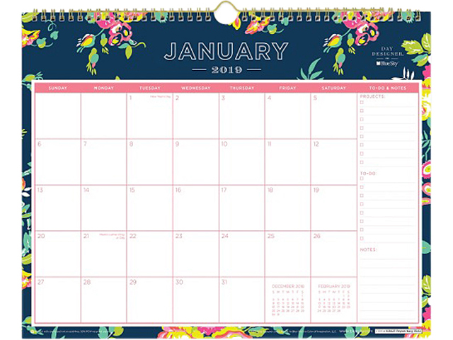 Day Designer Wirebound Wall Calendar, 15 x 12, Navy Floral, 2021 103627