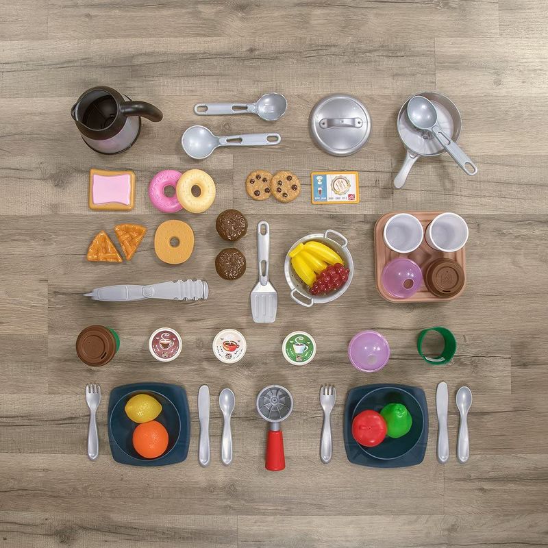 Step2 Coffee Bean Cafe Kids Play Pretend Mini Kitchen Shop Playset with 40 Piece Accessory Set, Microwave Oven, and Fridge for Toddler Food Cooking