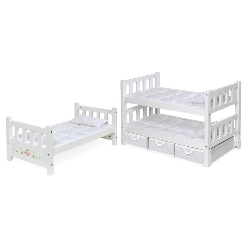 Badger Basket 1-2-3 Convertible Doll Bunk Bed with Bedding and Baskets - White Rose
