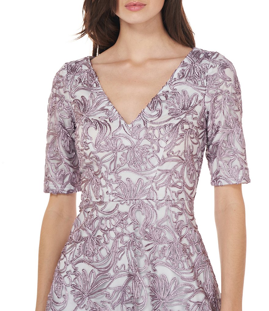 JS Collections Hazel Lace Fit & Flare Short Sleeve V-Neck Midi Dress