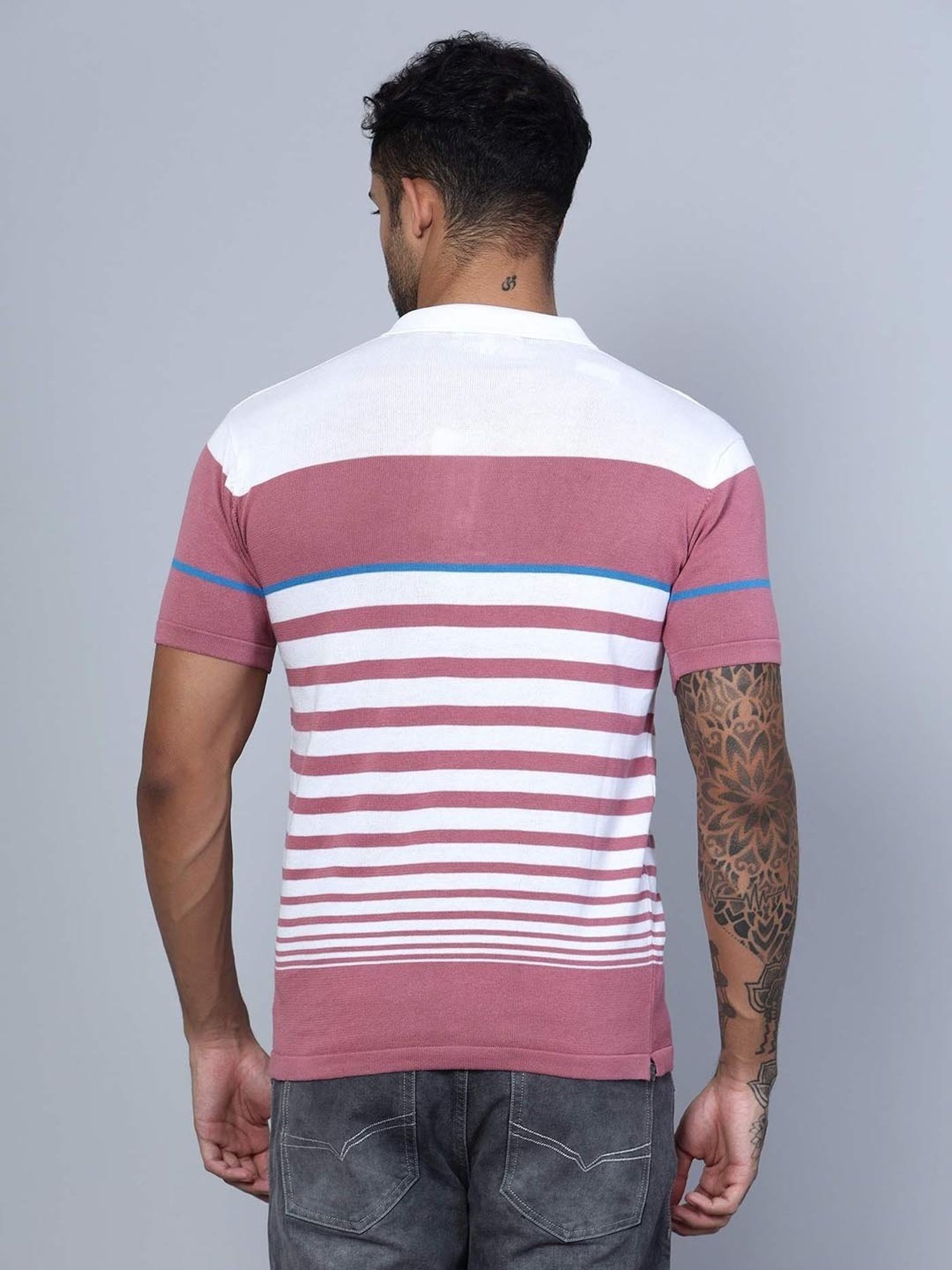 Cantabil White Cotton Regular Fit Striped Polo T-Shirt