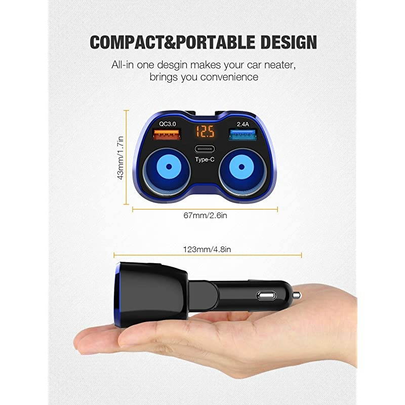 Car Charger  150W 2Socket Cigarette Lighter Splitter QC 30 Dual USB Ports 1 USB C Fast Car Adapter with Separate Switch LED Voltmeter Replaceable 15A Fuse Compatible GPSDash CamiPhone11iPad