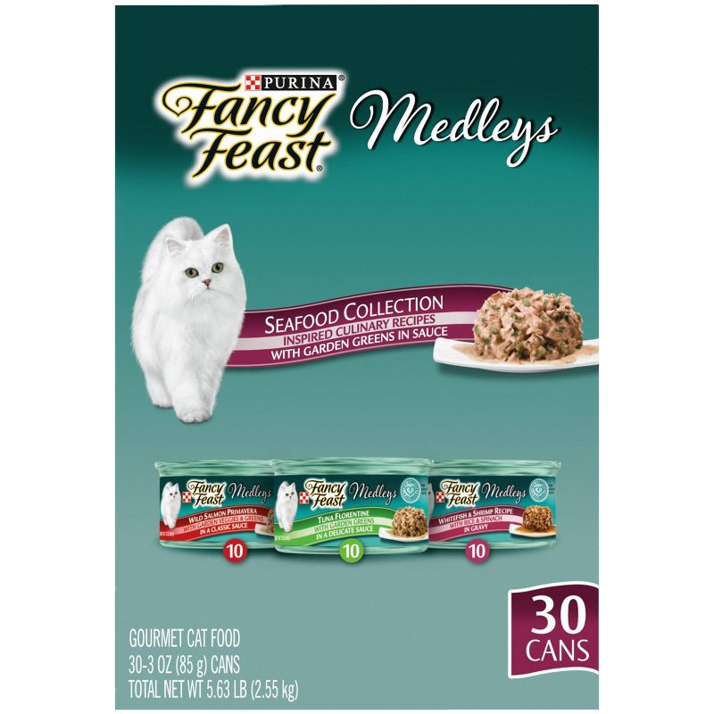 Fancy Feast Medleys Seafood Collection with Garden Greens in Sauce Gourmet Wet Cat Food - 3oz/30ct Variety Pack
