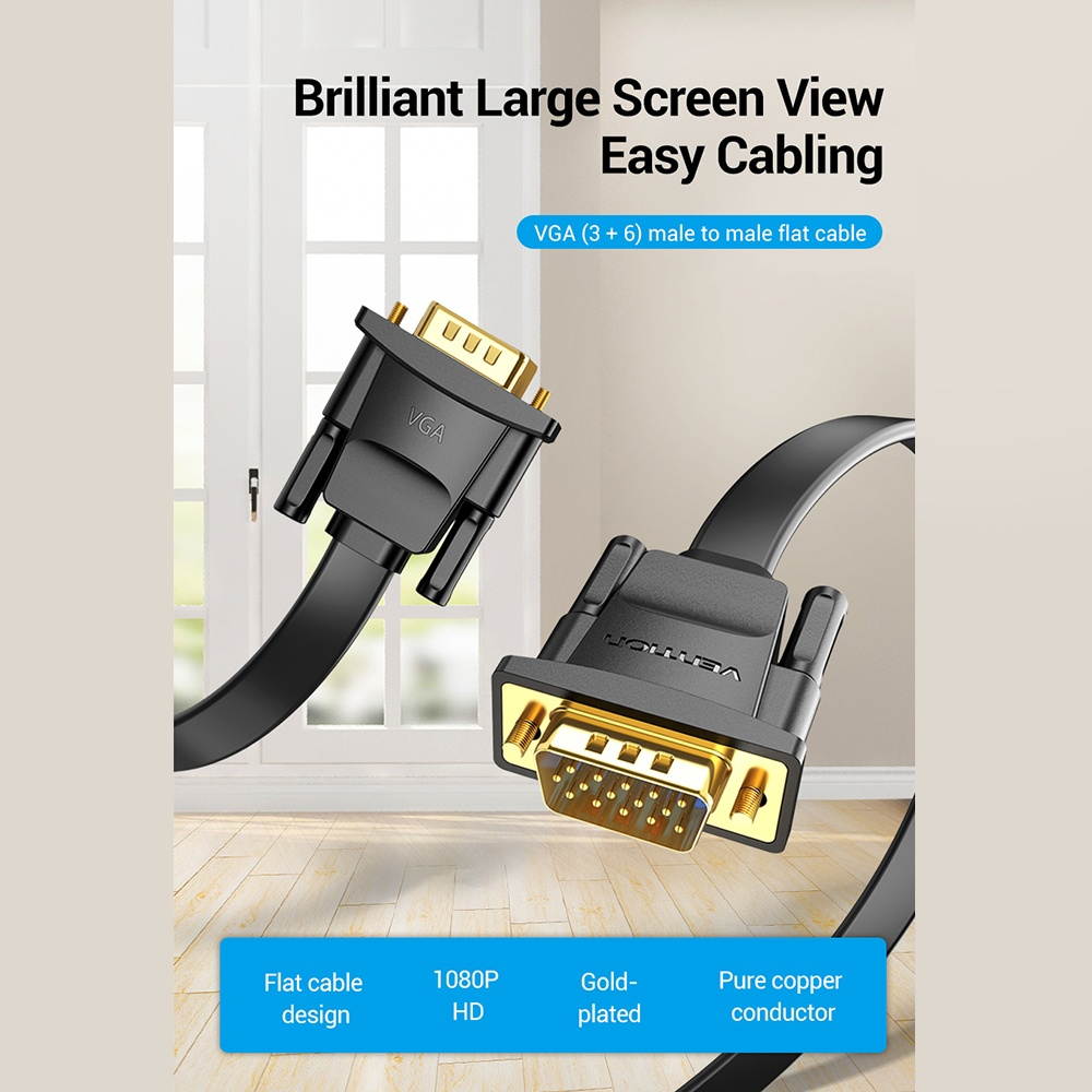 Vention DAIBI VGA Cable 3+6 Male to Male Flat Cable 1080P High HDTV Video Adapter for Projector Monitor Computer Cable 3m