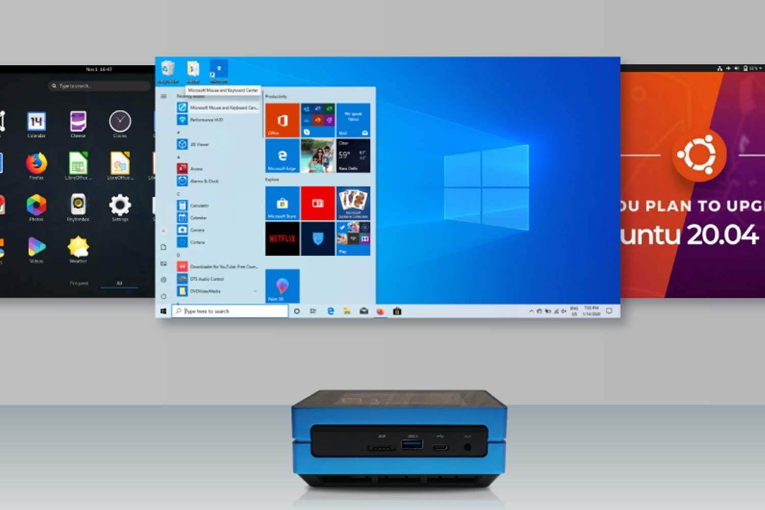 Mini PC, Odyssey X86 Blue J4105 Windows 10 Desktop Computer, Intel Celeron Processor 8GB RAM and 128GB External SSD with Re_Computer Case,Dual Gigabit Ethernet, Dual Band Wi-Fi, 4K HD, Dual Screen