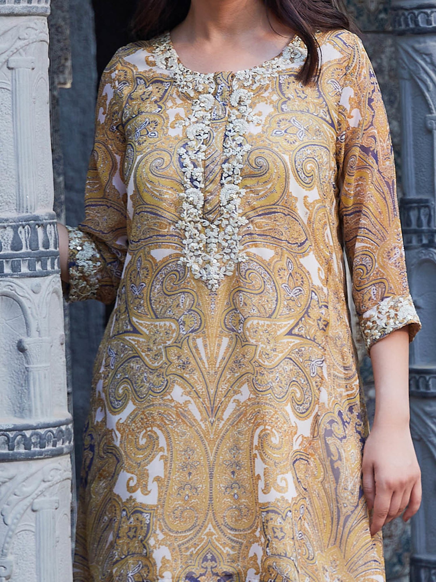 Biba Mustard & White Printed Kurta With Inner & Palazzo Set