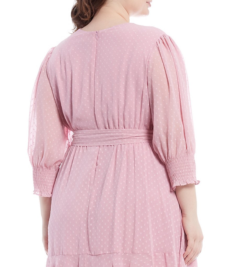 Maison Tara Plus Size V-Neck 3/4 Sleeve Mini Dot Ruffle Hem Chiffon A-Line Dress