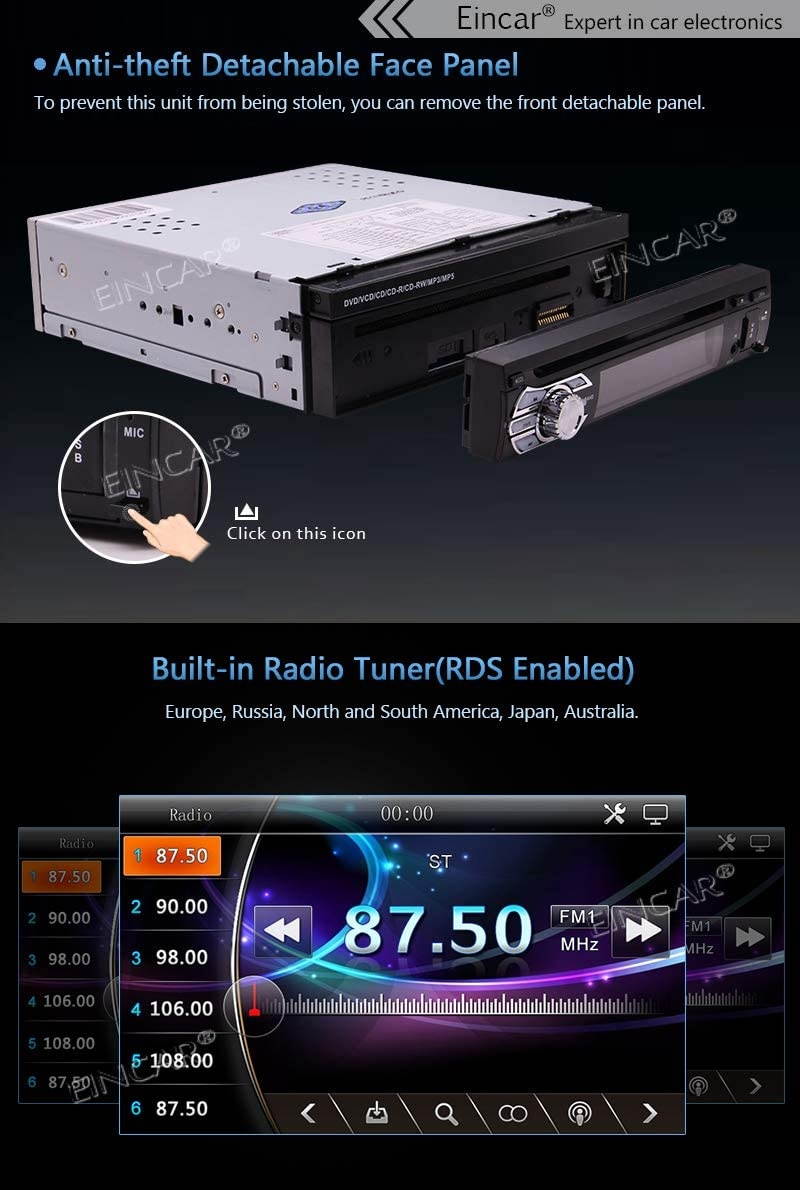 EinCar Single Din Car Stereo GPS Radio Bluetooth CD DVD Player System in Dash AM FM Retractable HD Touch Screen Detachable Front Panel Head Unit Support SWC Remote Control + Rear View Camera