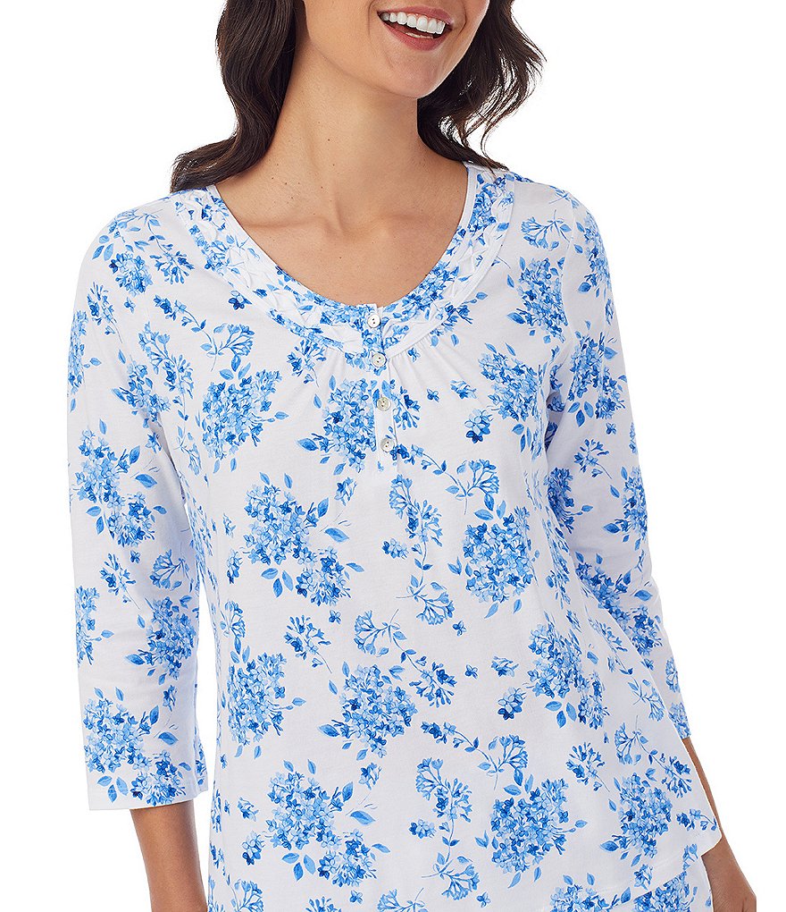 Carole Hochman Floral Print Round Neck 3/4 Sleeve Jersey Knit Pajama Set